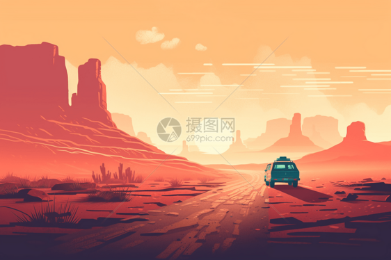 汽车穿越在沙漠道路上的平面插图图片