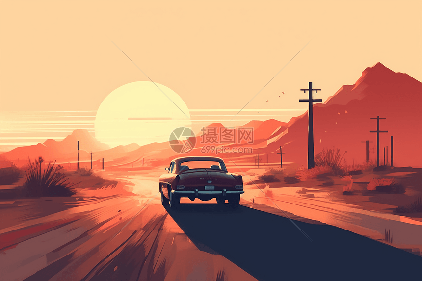 怀旧的汽车在日出时穿越沙漠道路图片