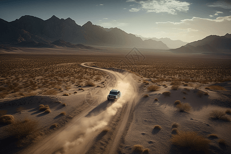 汽车驶过空旷的沙漠公路图片