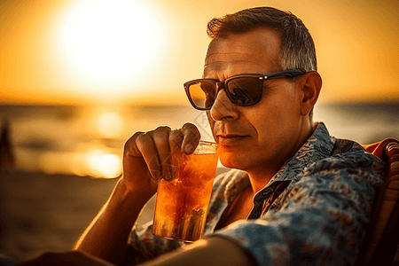 在海边喝饮料放松的男人图片