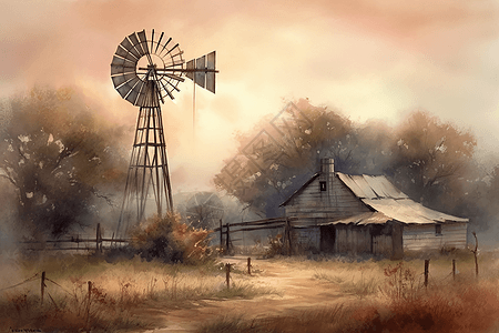 一幅乡村风车的画作图片