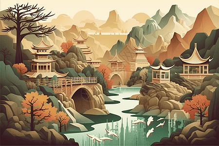 中国风的山景插画图片