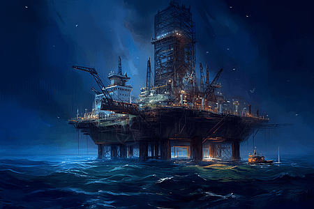 海洋中的石油钻机的绘画图片