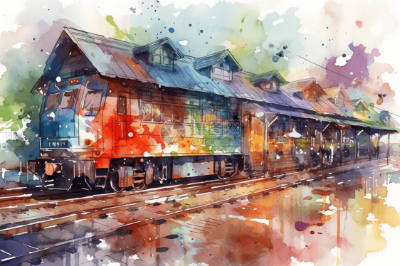 火车站的水彩插图图片