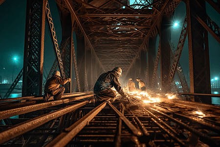 夜间的焊接桥梁的场景图片