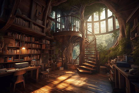 树屋中的图书馆高清图片