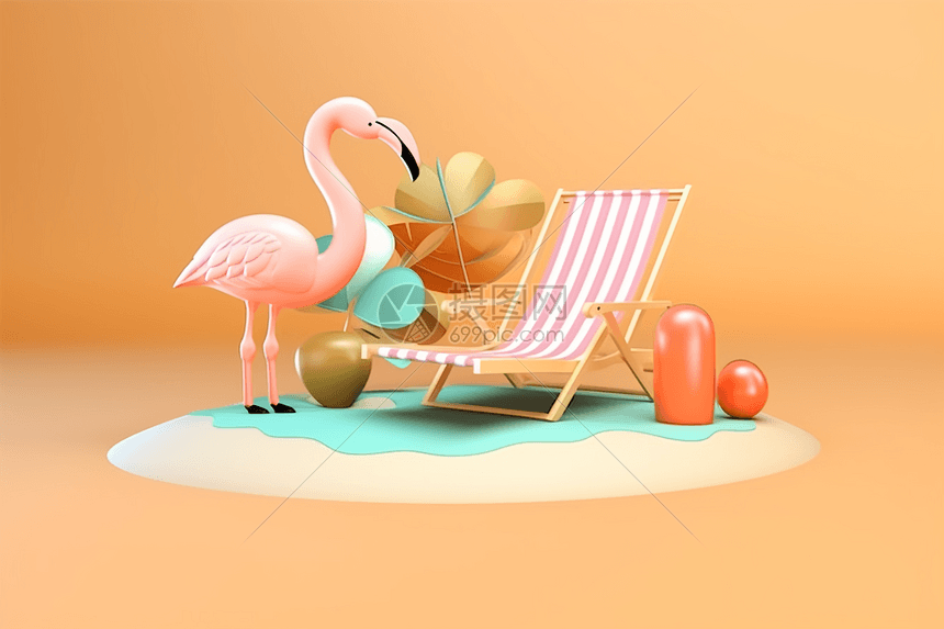 夏天概念火烈鸟和沙滩椅图片