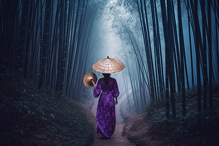 竹林中撑伞的传统女性图片