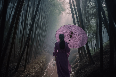 竹林中打伞的女性图片