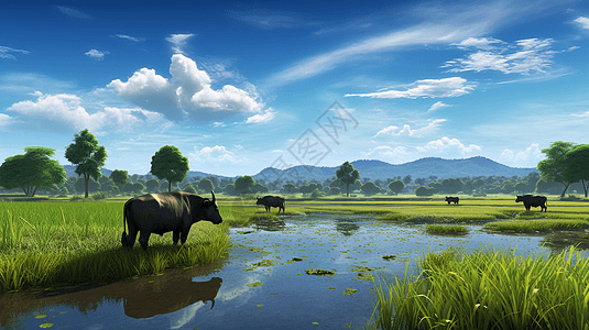 一群在水田上的水牛背景图片