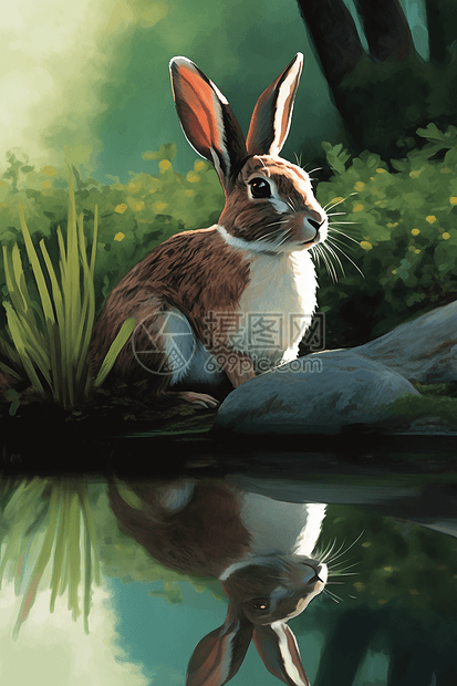 池塘边上的兔子图片