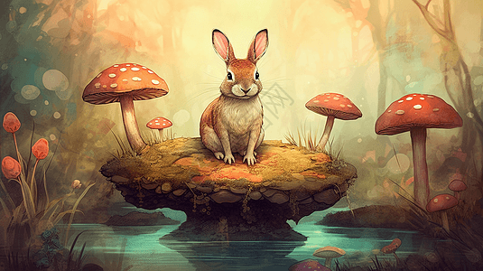 兔子坐在池塘边的石头上图片
