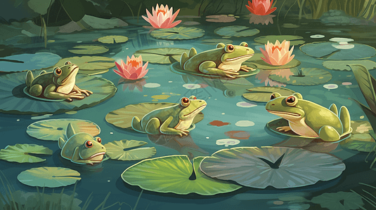 池塘里有一群青蛙背景图片