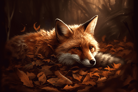 一只狐狸趴在落叶上图片