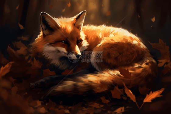 一张睡在落叶上的狐狸图片
