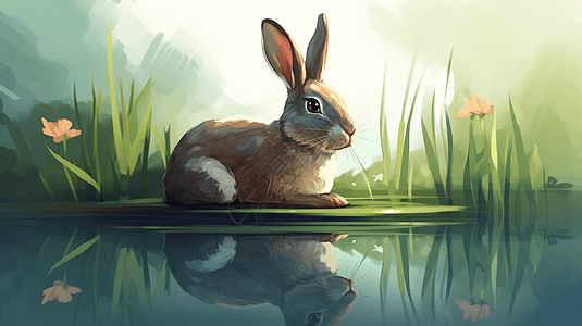 静卧在池边的兔子图片
