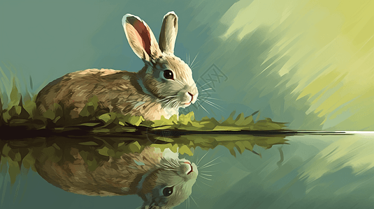 池塘倒影中的兔子背景图片