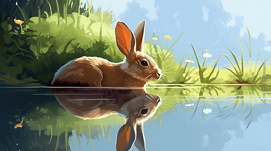 池塘边的兔子图片