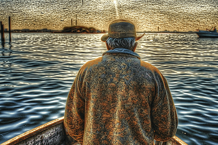 欣赏日落的渔夫图片