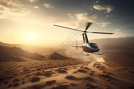 在沙漠上空飞行的直升机高清图片