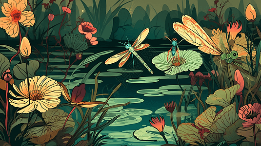 一群蜻蜓和蝴蝶在池塘周围飘扬图片