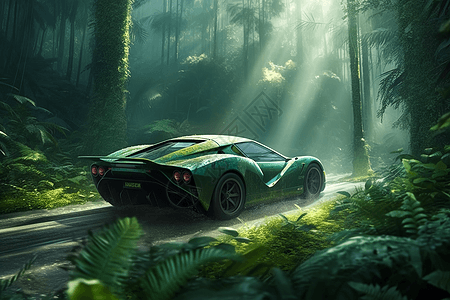 跑车在雨林中行驶图片