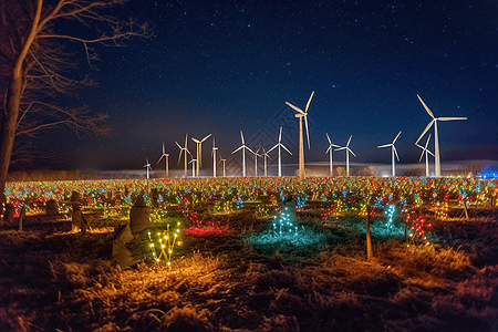 夜晚远处的风力涡轮机图片