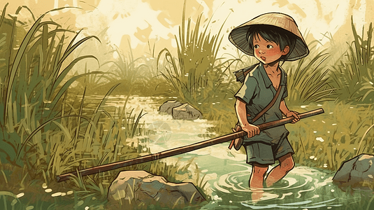 夏日男孩在小溪里钓鱼图片