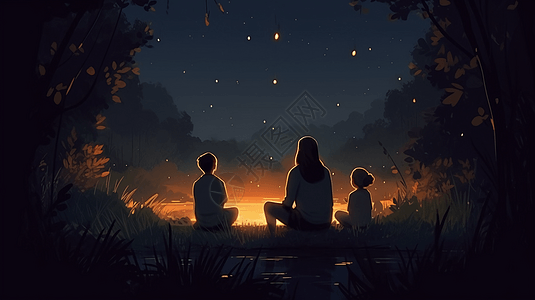 一家人静静地坐着看夜空图片