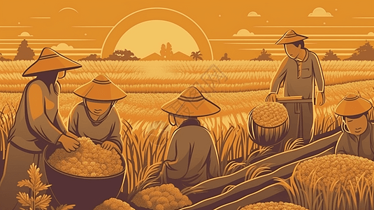 一个家庭收割水稻图片