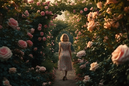 一个女人在美丽的玫瑰园中散步图片