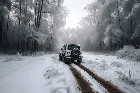 白色吉普车在雪山中通行图片