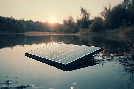 背景为河流的太阳能电池板图片