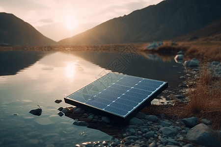 背景为河流的太阳能电池板的特写图片