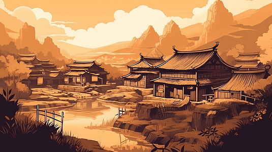 玫瑰花庄园,一个古老的中国村庄插画