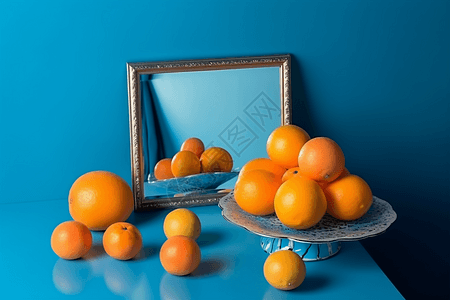 水果蓝桌孤立橙色近镜图片