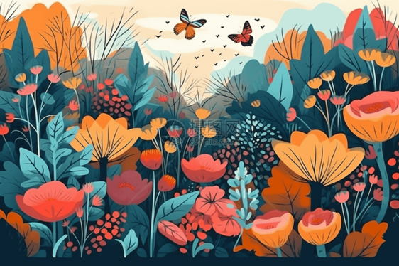 鲜花和蝴蝶的彩色花园图片