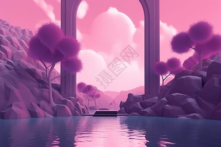 紫色梦幻湖边树木建筑图片