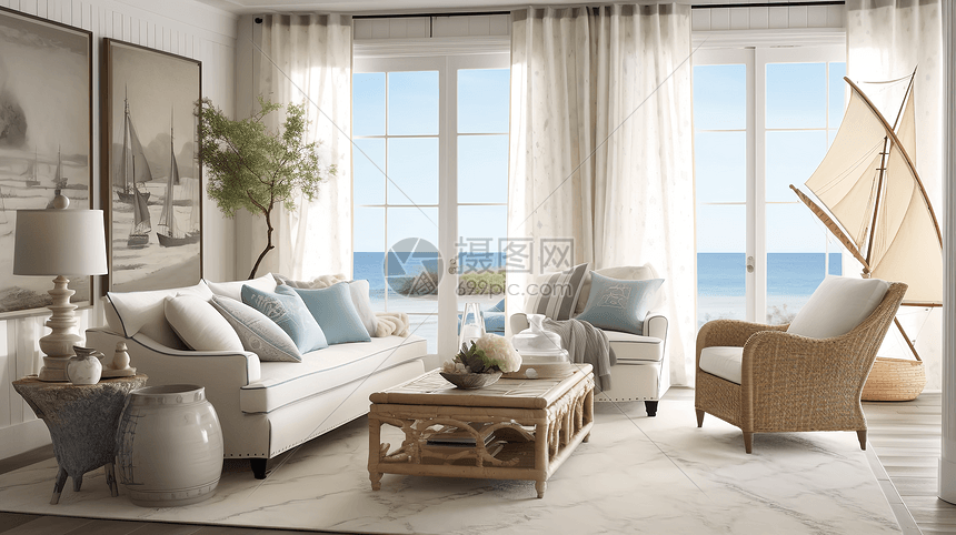 描绘沿海微风吹过带有航海装饰的透明窗帘的客厅图片