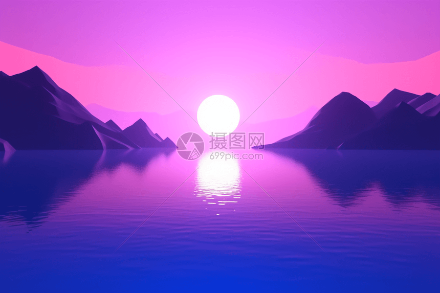 紫色日落的3d海洋景观图片