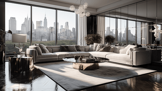 配有豪华超大沙发及透着壮丽天际线景色的现代风格客厅图片