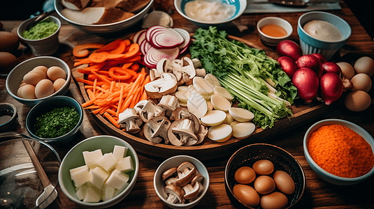 摆放在桌子上各类火锅食材背景图片