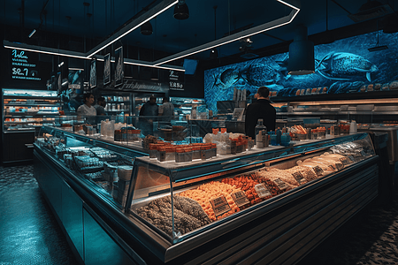 超市海鲜区的全景图片