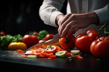 厨师用刀切成新鲜番茄图片