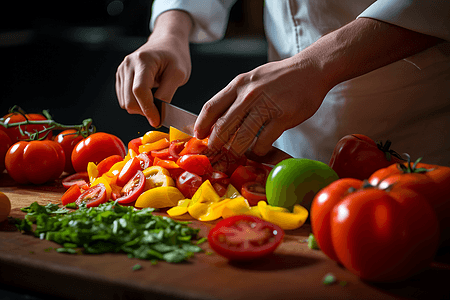 厨师用锋利的刀切新鲜番茄图片