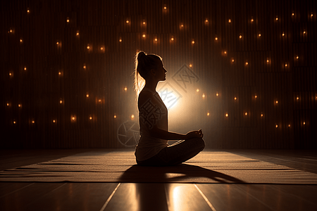 打坐剪影一个在瑜伽馆冥想的女人背景