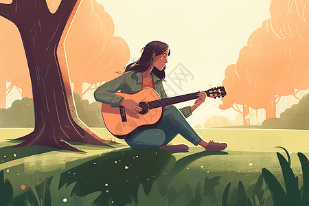 在公园里弹吉他的女人图片