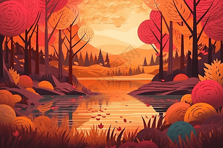 橘色的湖泊丛林图片