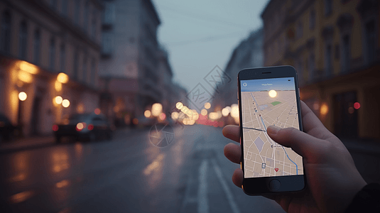 手持智能手机走在城市的街道图片