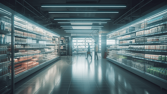 超市商品超市内部二排摆放商品的货架设计图片